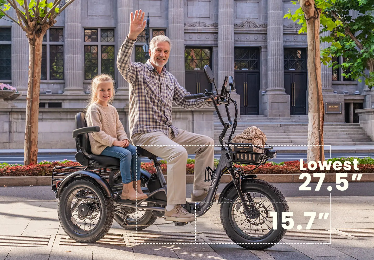 Creek electric tricycle with low seat and standover height, ideal for seniors and riders with limited mobility
