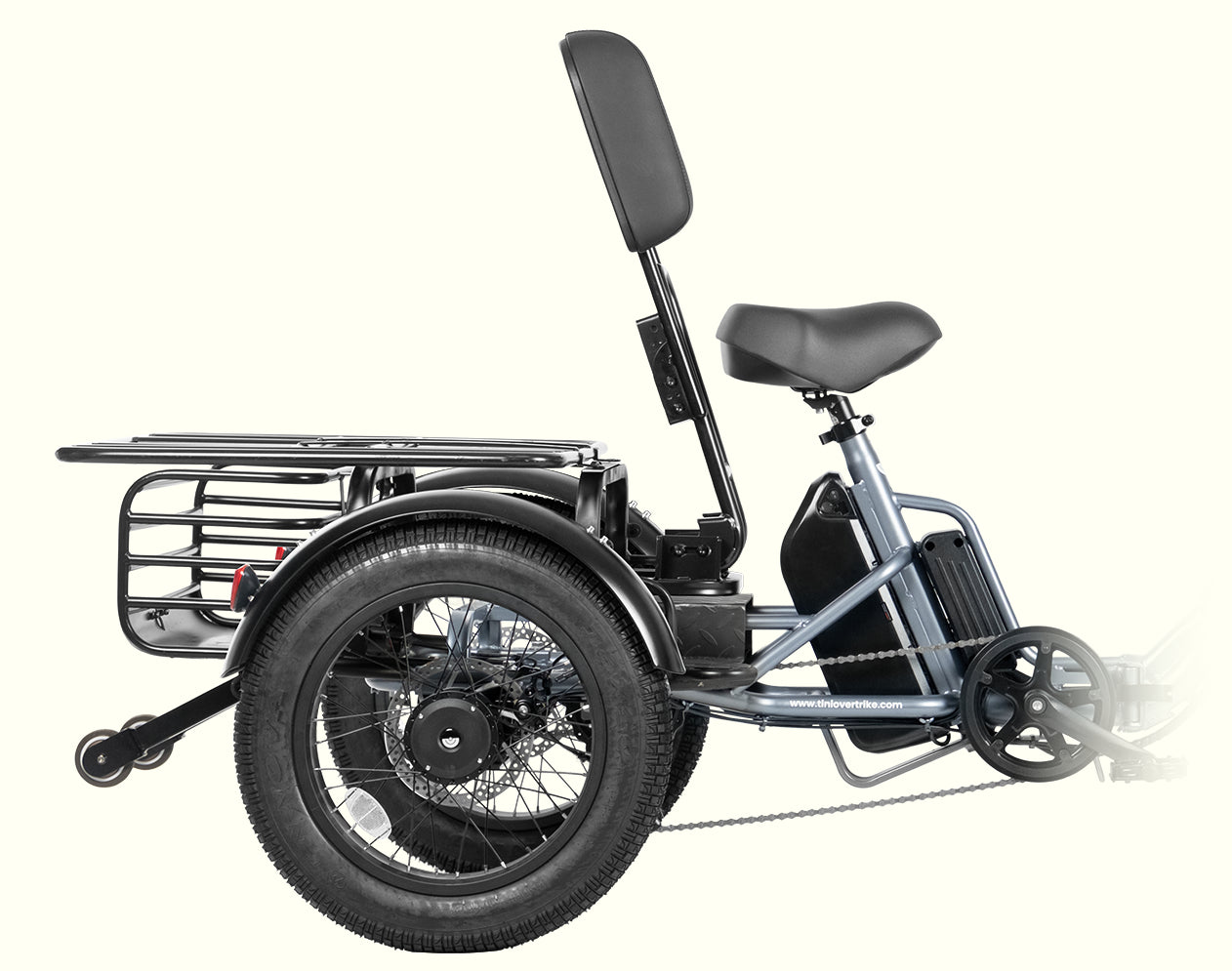 Tiniover Creek electric trike with passenger seat or cargo rack kit, designed for family travel and daily goods cargo