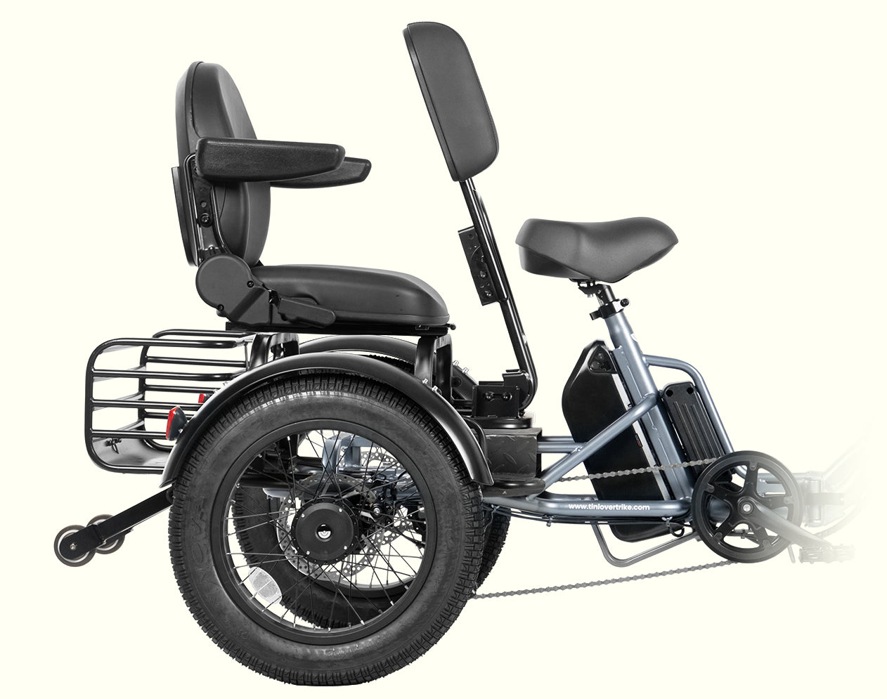 Tiniover Creek electric trike with passenger seat or cargo rack kit, designed for family travel and daily goods cargo