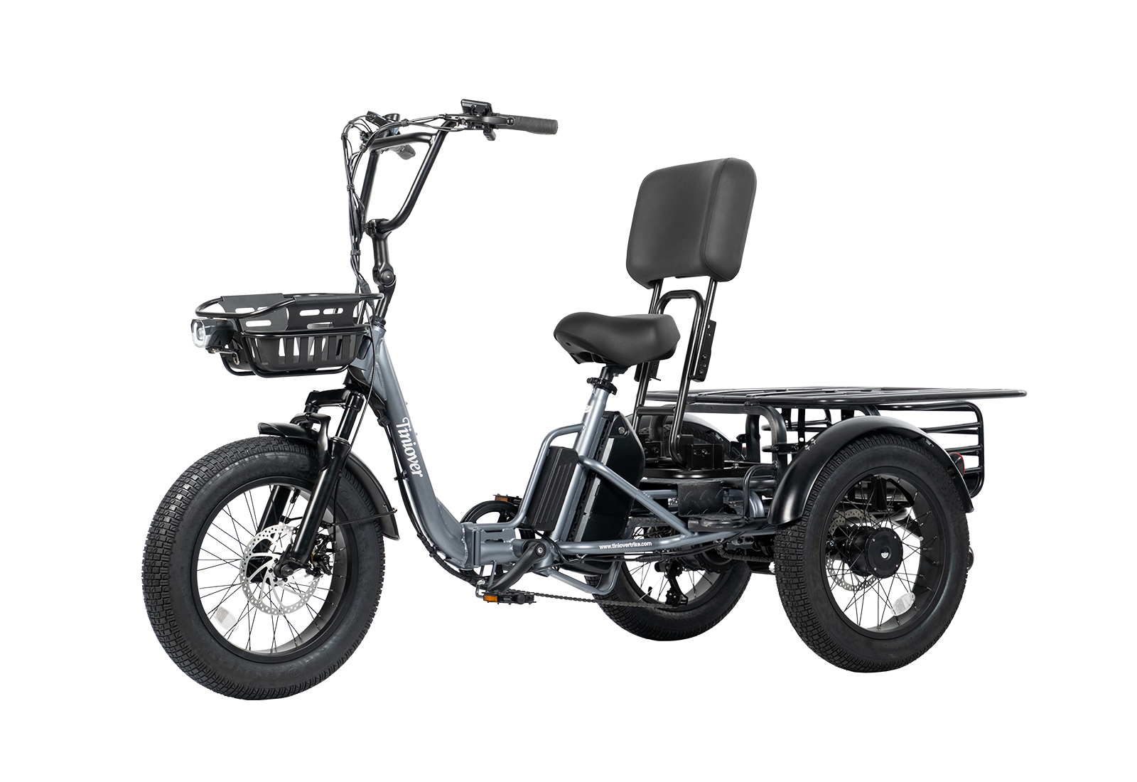 Tiniover creek pro electric tricycle for adults and seniors with backrest and cargo rack kit