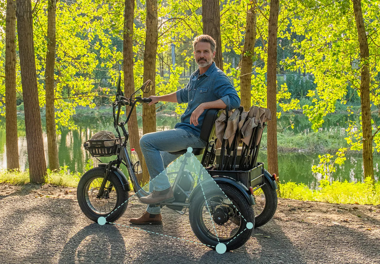 Tiniover Creek electric tricycle with 550 lbs load capacity and optimized frame design for excellent stability and safe riding for two
