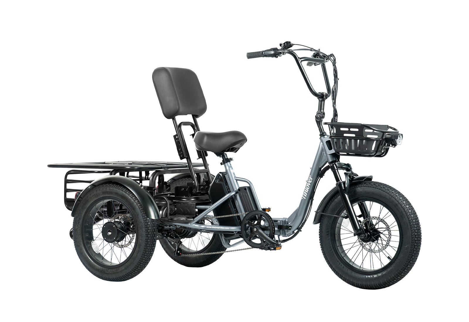 Tiniover creek electric tricycle for adults and seniors with backrest and cargo rack kit