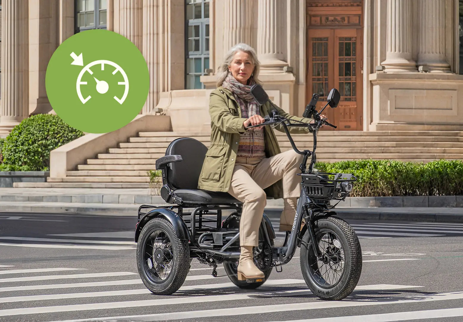 Tiniover Creek electric tricycle with cruise control keeps a steady speed for relaxed and effortless rides