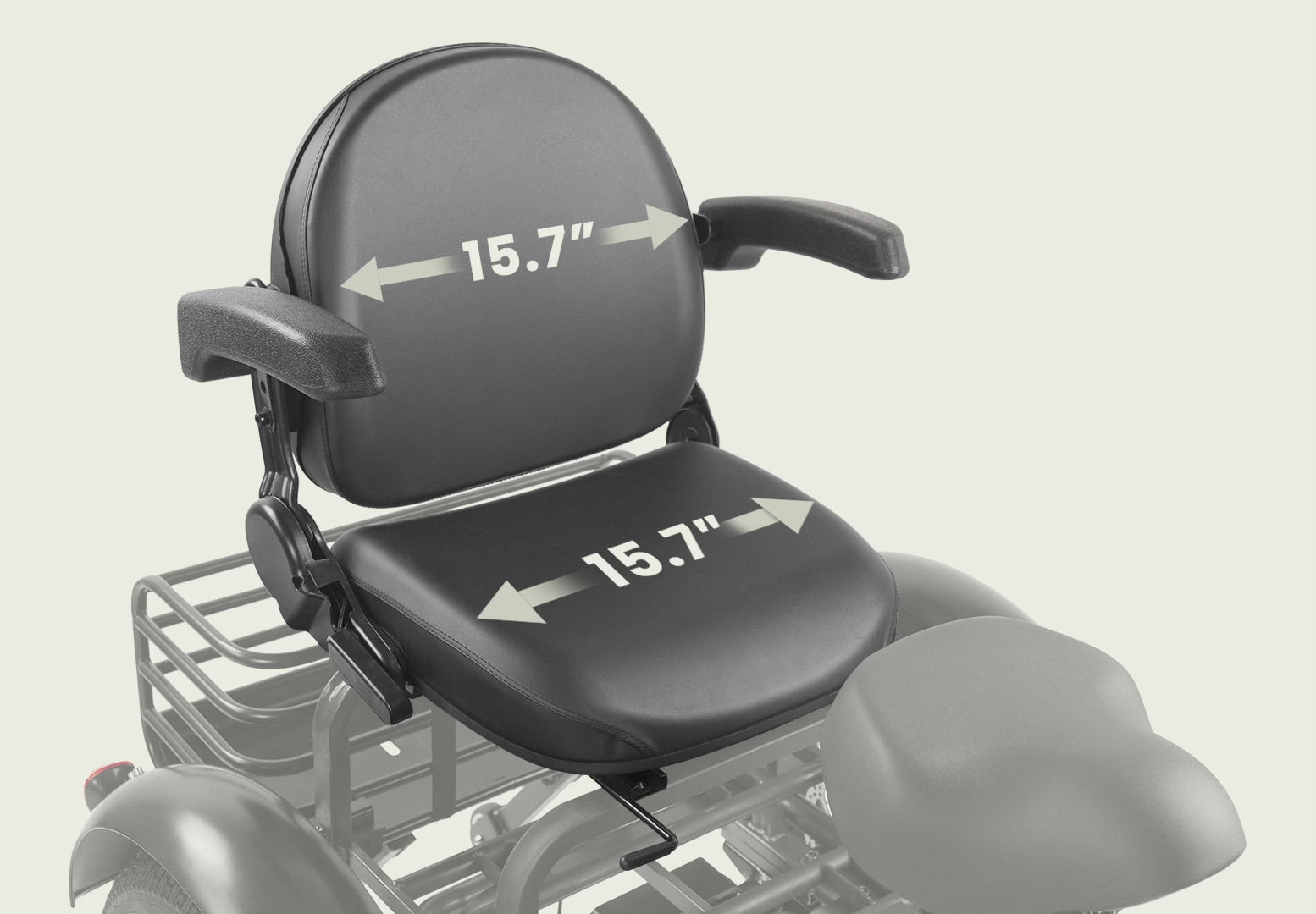 Tiniover Creek electric tricycle with oversized saddle, backrest and rear seat, enhanced comfort and support.
